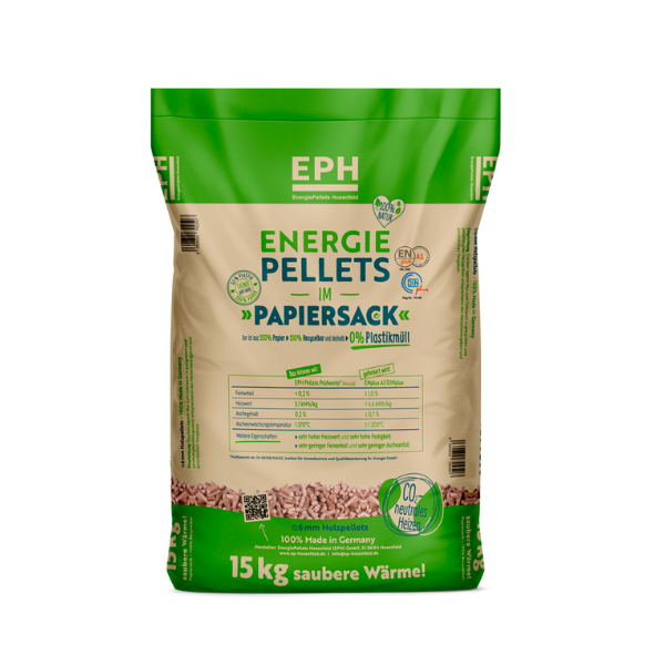 EPH Holzpellets ENplus A1 – 975 kg Palette (65x15 kg Papiersäcke) Premium Pelletbrennstoff